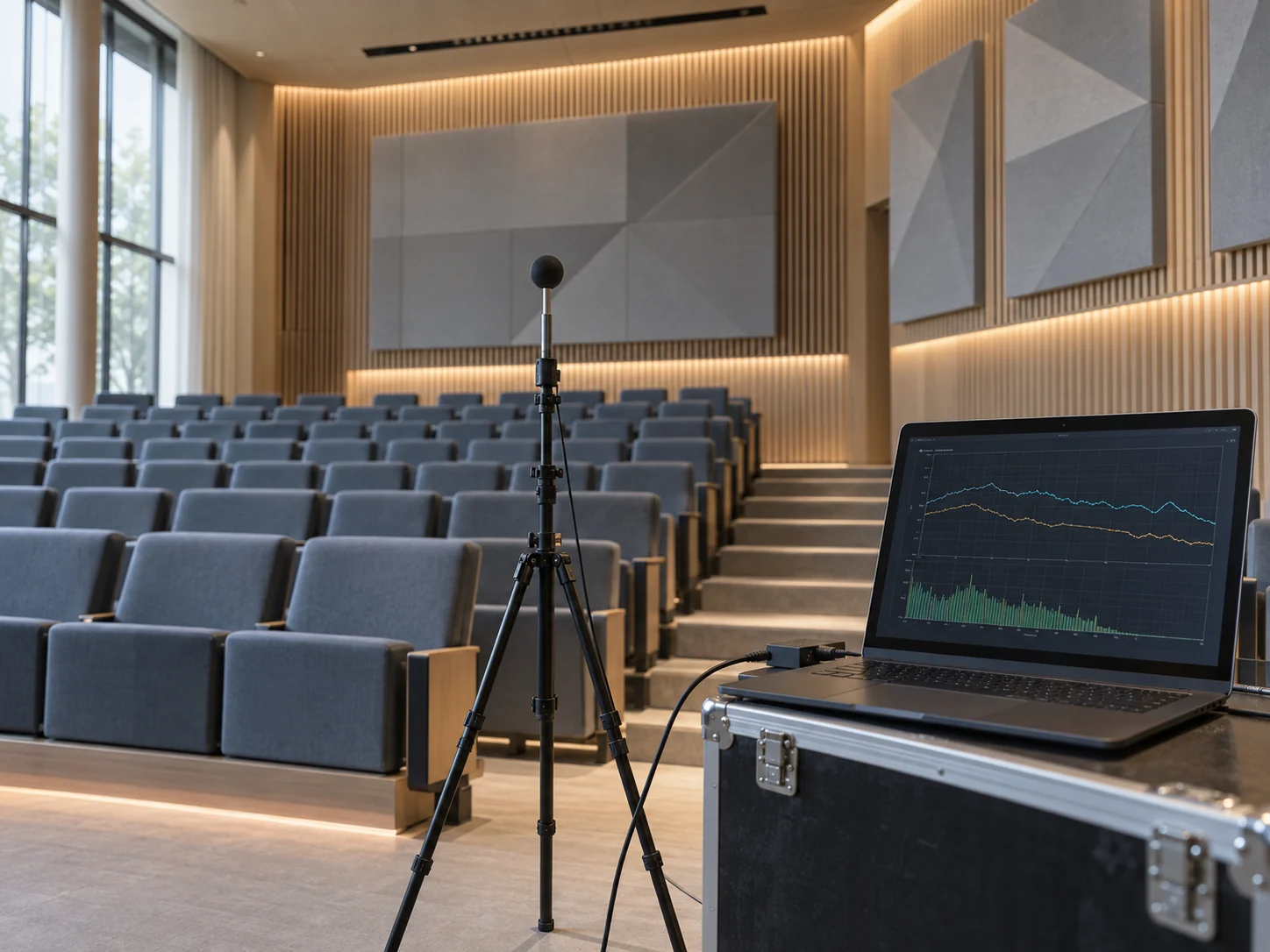 Illustrative acoustic room assessment with measurement equipment in an auditorium