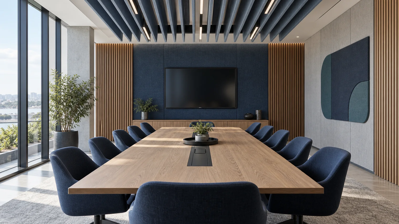 Board room with suspended acoustic baffles and treated walls