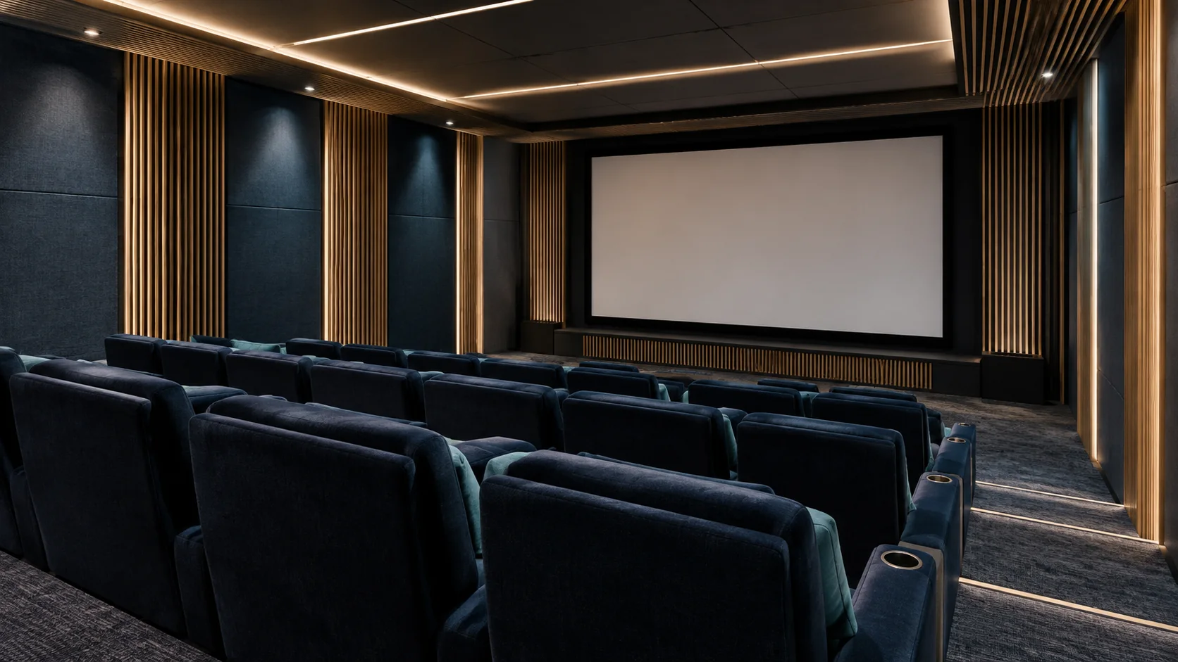 Cinema auditorium with acoustic wall panels, timber slats and tiered seating