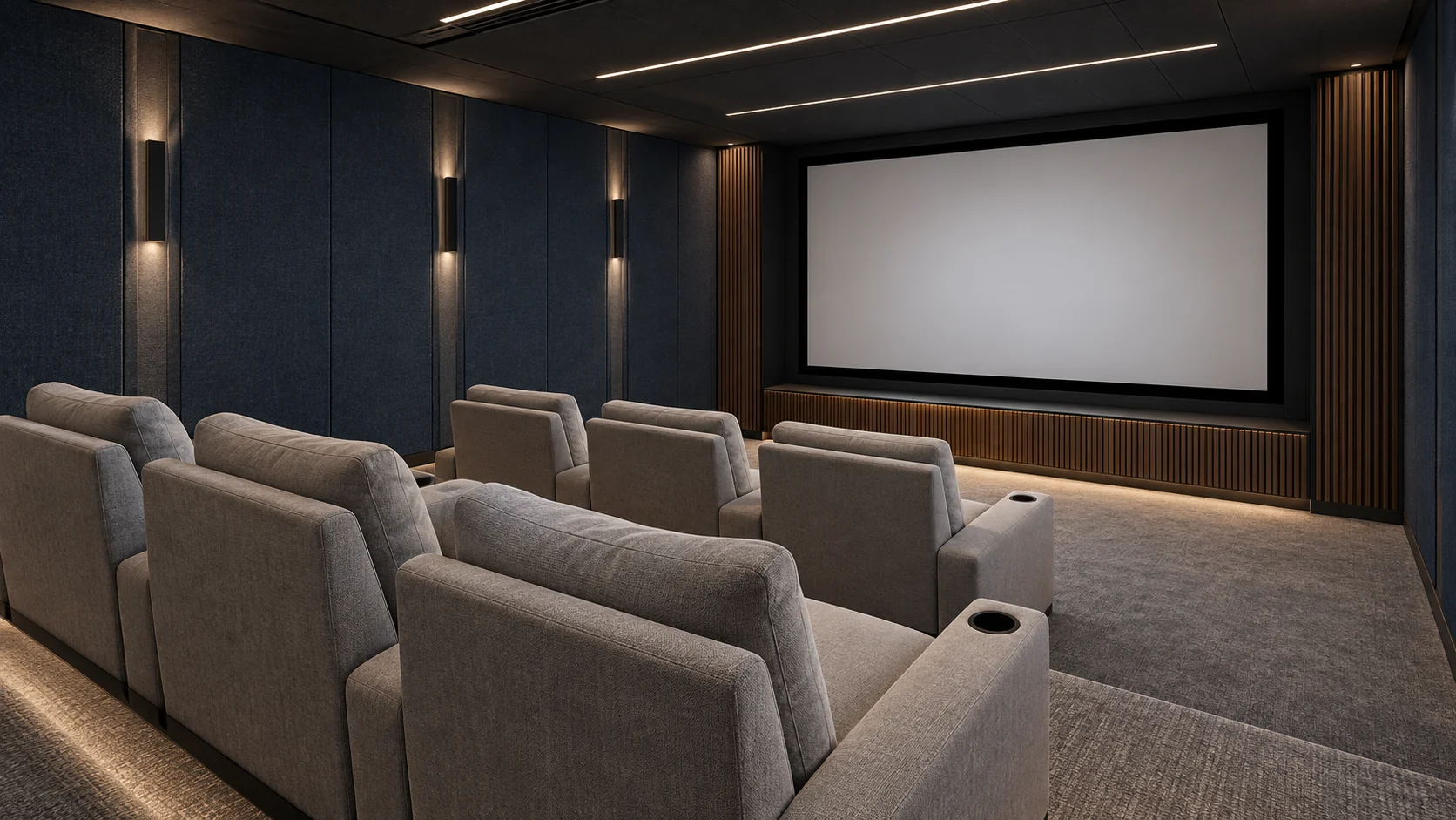 Illustrative home theatre with grey cinema seating and integrated acoustic wall treatments