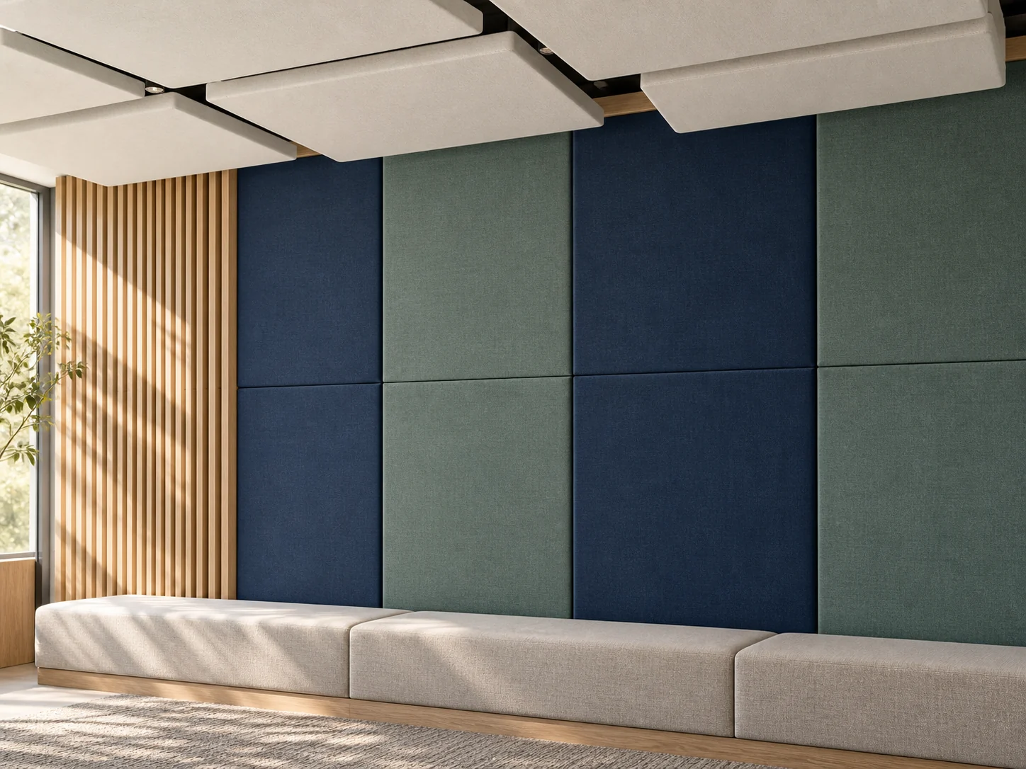 Fabric acoustic wall panels and suspended acoustic ceiling rafts in an illustrative listening space