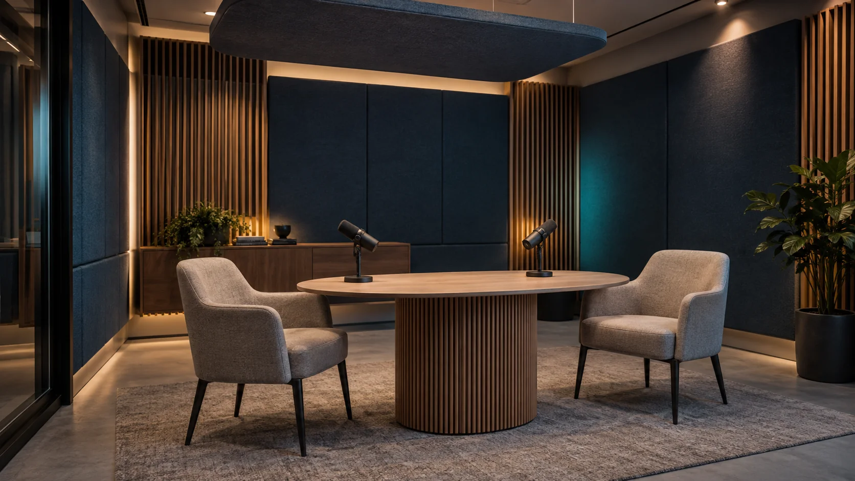 Podcast room with integrated acoustic wall and ceiling treatments