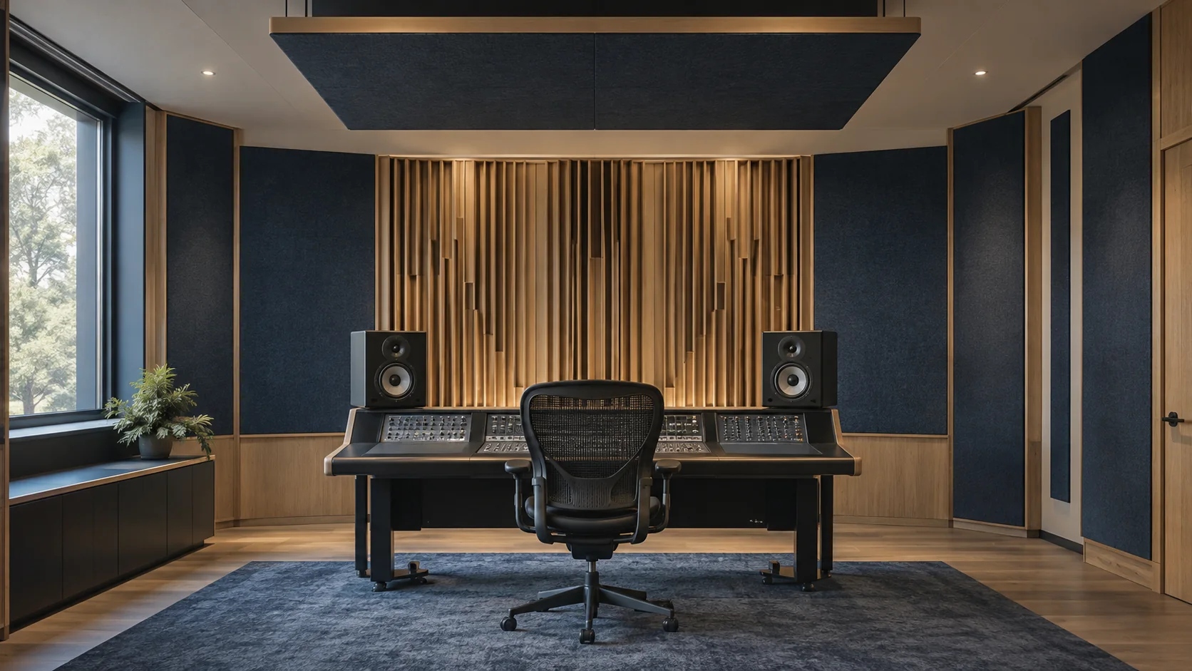 Recording control room with acoustic absorption panels and timber diffusion